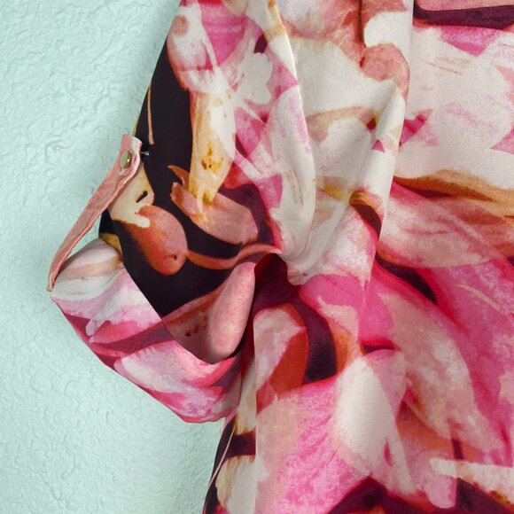 Jennifer Lopez Pink Brown Yellow Floral Short Sleeve Split Back Womens Top M - Picture 5 of 15
